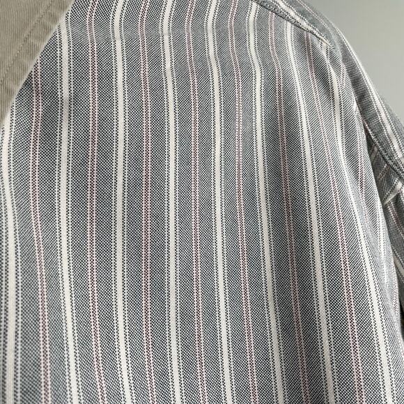 Vintage 90s Mens Striped Button Up Shirt 17 Green Tan Contrast Collar Retro Prep - Picture 11 of 16